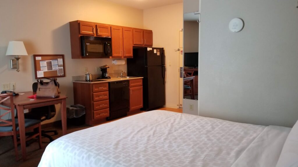 Hotel room with small kitchenette for cooking simple meals while traveling