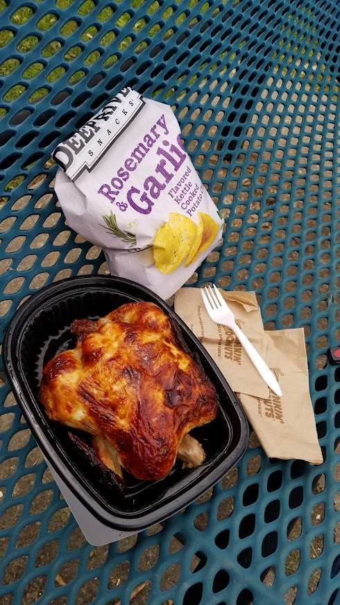 rotisserie chicken picnic table lunch while traveling with dietary restrictions