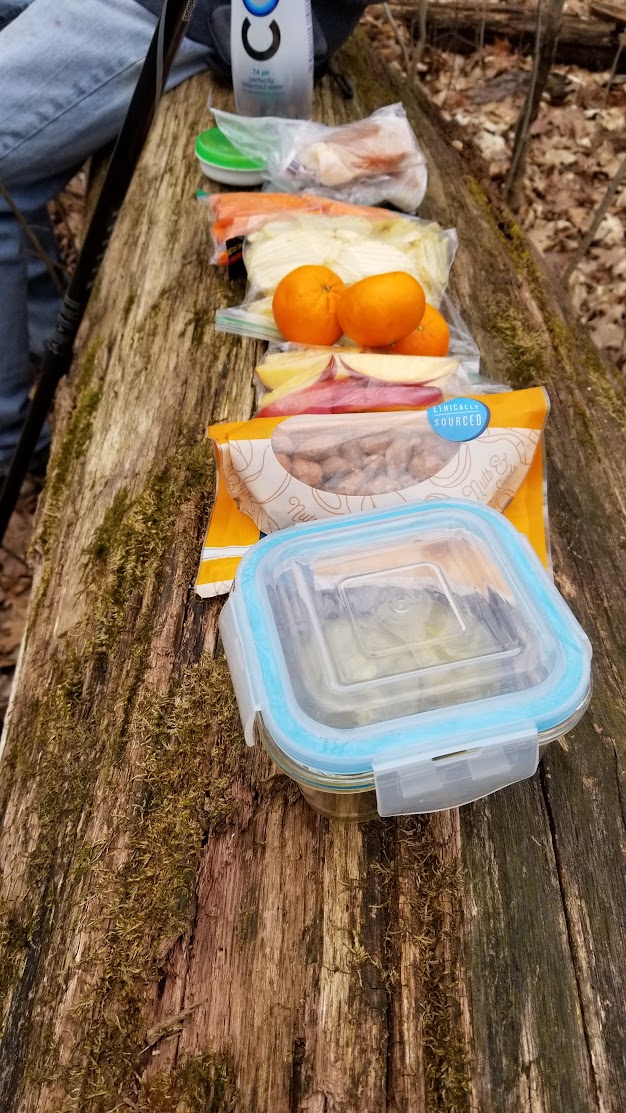 Food allergy friendly picnic packed in containers on a log in the woods