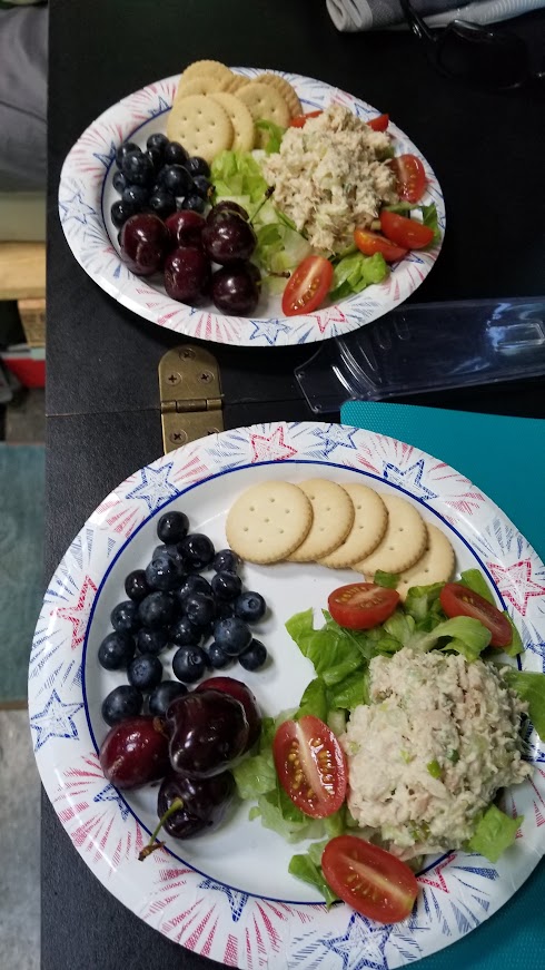 Tuna salad travel meal with gluten free crackers, berries and fresh salad