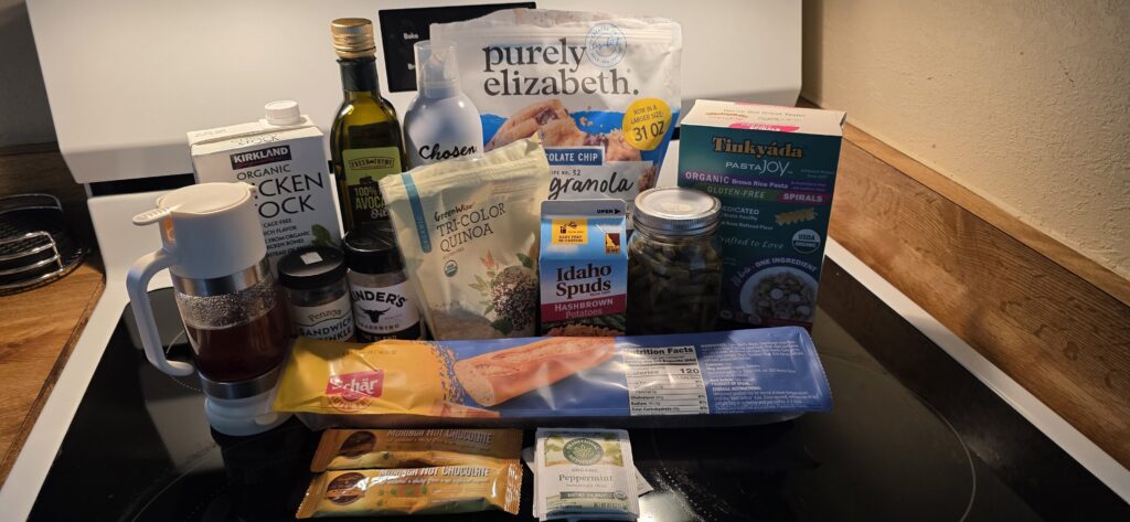 Example pantry box with shelf stable ingredients for cooking while traveling